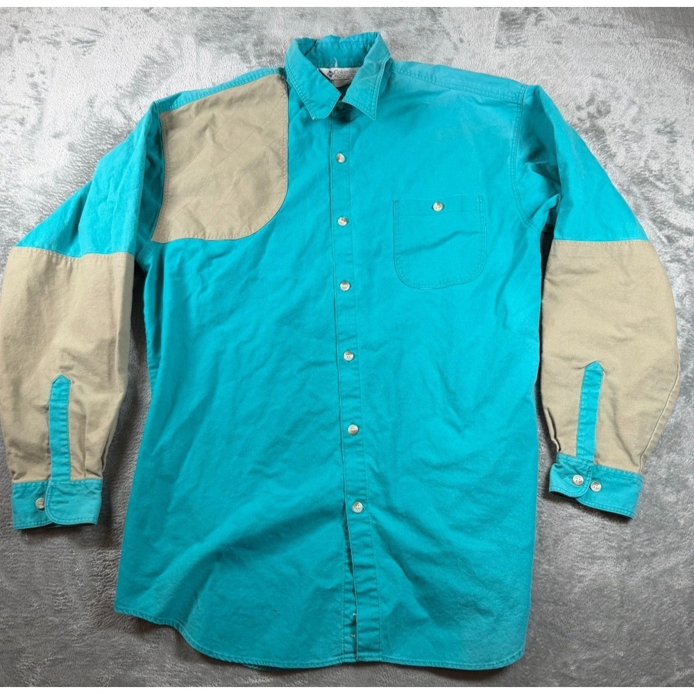 Vtg Columbia Sportswear Two-Tone Shooting Shirt Sz L Teal Tan Canvas 80s 90s